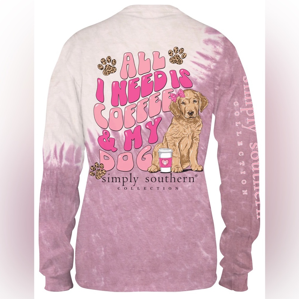 Nwt SIMPLY SOUTHERN COFFEE & MY DOG TIE DYE LONG SLEEVE LEOPARD PAW PRINT SHIRT
